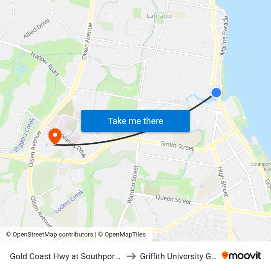 Gold Coast Hwy at Southport Tourist Park to Griffith University Gold Coast map