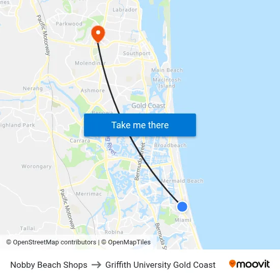 Nobby Beach Shops to Griffith University Gold Coast map