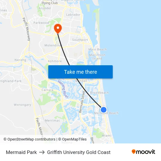 Mermaid Park to Griffith University Gold Coast map