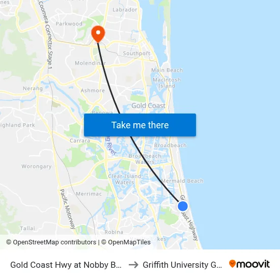 Gold Coast Hwy at Nobby Beach Station to Griffith University Gold Coast map