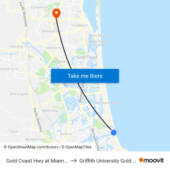 Gold Coast Hwy at Miami Hotel to Griffith University Gold Coast map