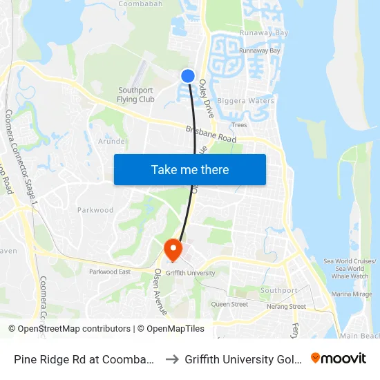 Pine Ridge Rd at Coombabah Road to Griffith University Gold Coast map