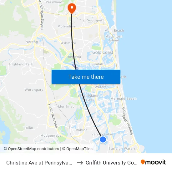 Christine Ave at Pennsylvania Avenue to Griffith University Gold Coast map