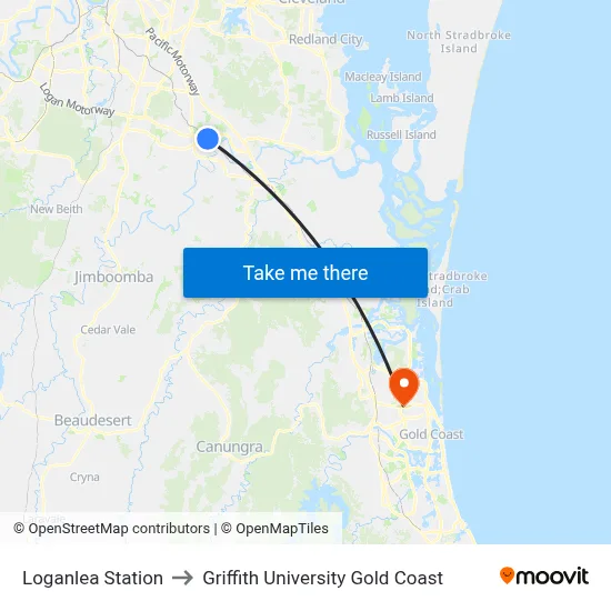 Loganlea Station to Griffith University Gold Coast map