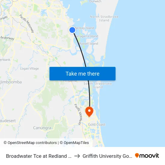 Broadwater Tce at Redland Bay Shops to Griffith University Gold Coast map