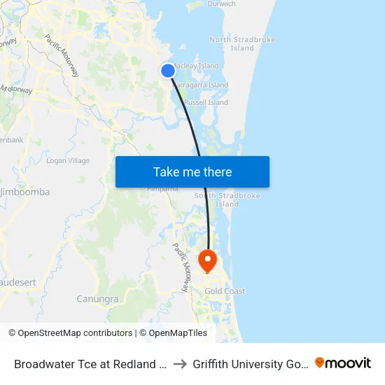 Broadwater Tce at Redland Bay Shops to Griffith University Gold Coast map