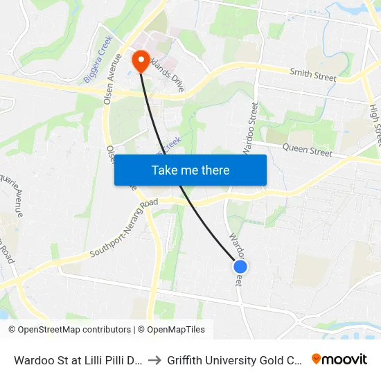 Wardoo St at Lilli Pilli Drive to Griffith University Gold Coast map