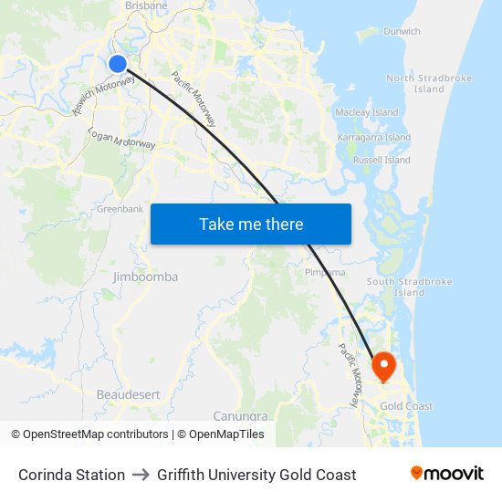 Corinda Station to Griffith University Gold Coast map
