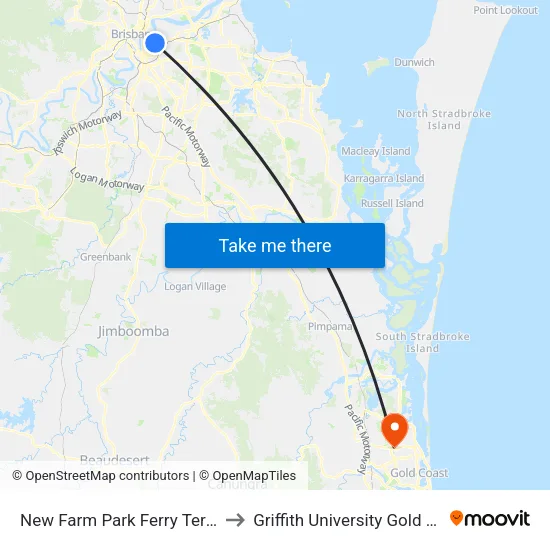 New Farm Park Ferry Terminal to Griffith University Gold Coast map