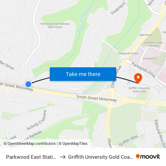 Parkwood East Station to Griffith University Gold Coast map