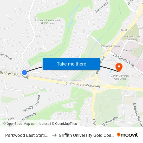 Parkwood East Station to Griffith University Gold Coast map