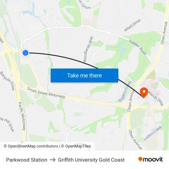 Parkwood Station to Griffith University Gold Coast map