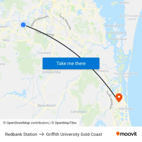 Redbank Station to Griffith University Gold Coast map