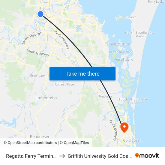 Regatta Ferry Terminal to Griffith University Gold Coast map