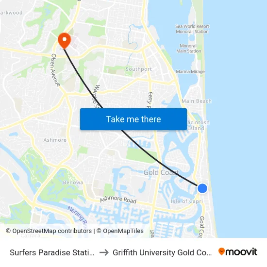 Surfers Paradise Station to Griffith University Gold Coast map