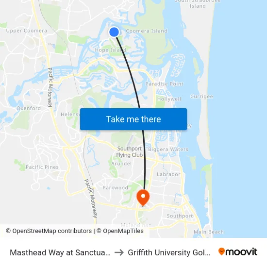 Masthead Way at Sanctuary Cove to Griffith University Gold Coast map