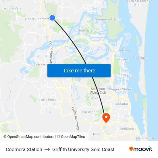 Coomera Station to Griffith University Gold Coast map