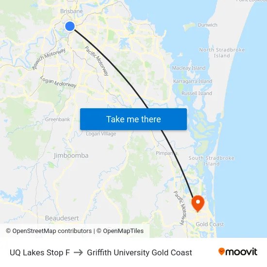 UQ Lakes Stop F to Griffith University Gold Coast map