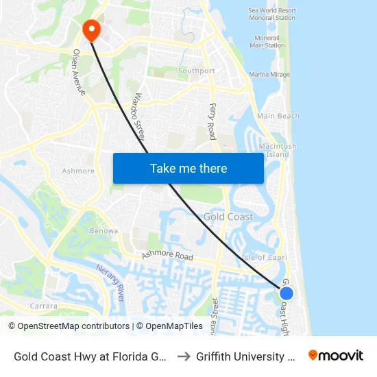 Gold Coast Hwy at Florida Gardens Station to Griffith University Gold Coast map