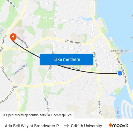 Ada Bell Way at Broadwater Parklands Station to Griffith University Gold Coast map