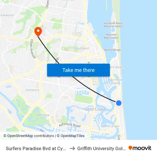 Surfers Paradise Bvd at Cypress Ave to Griffith University Gold Coast map