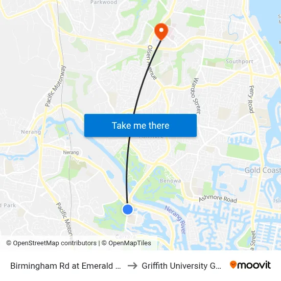 Birmingham Rd at Emerald Lakes Drive to Griffith University Gold Coast map
