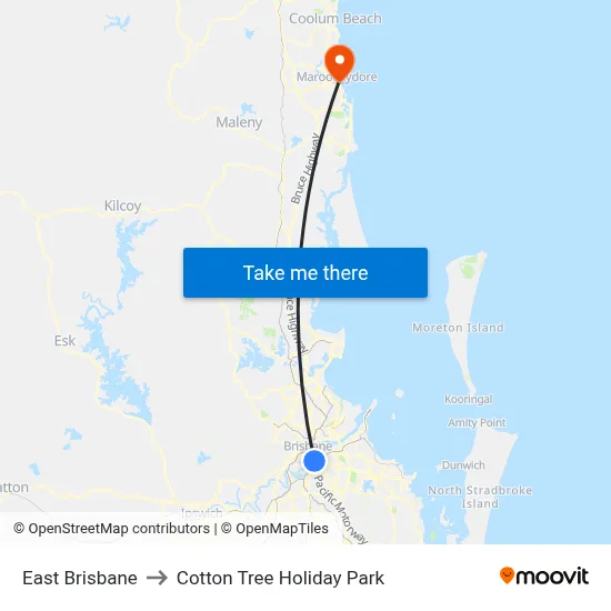 East Brisbane to Cotton Tree Holiday Park map