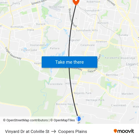 Vinyard Dr at Colville St to Coopers Plains map