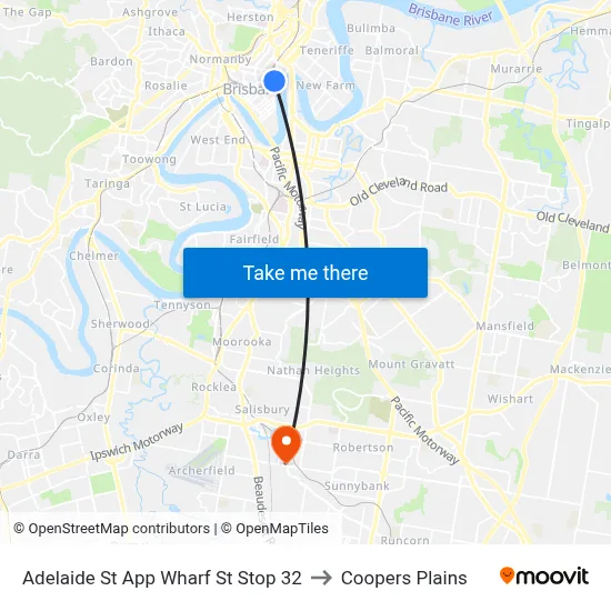 Adelaide St App Wharf St Stop 32 to Coopers Plains map