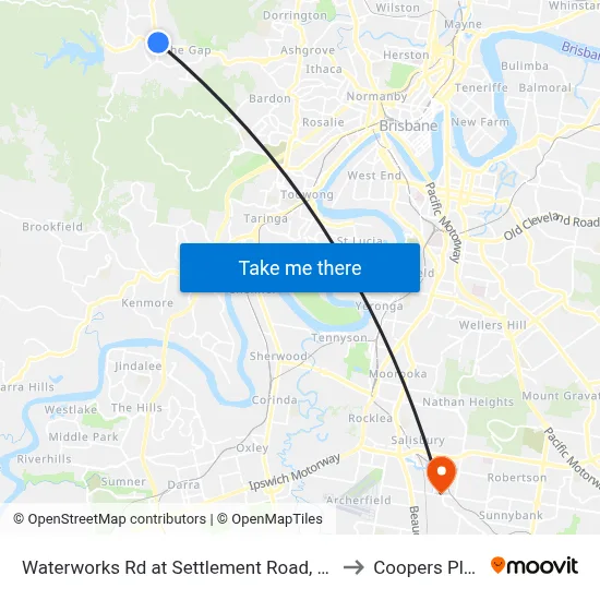 Waterworks Rd at Settlement Road, Stop 36 to Coopers Plains map