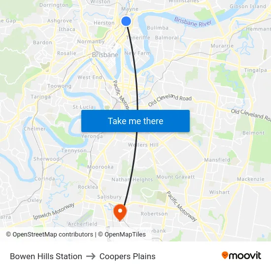 Bowen Hills Station to Coopers Plains map