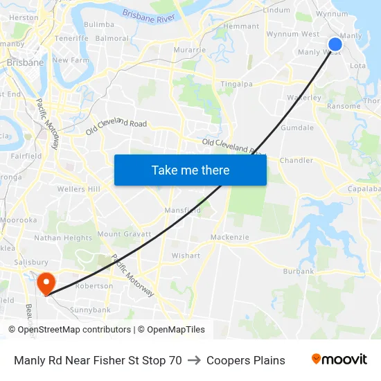 Manly Rd Near Fisher St Stop 70 to Coopers Plains map