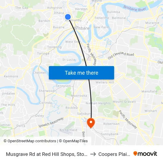 Musgrave Rd at Red Hill Shops, Stop 8 to Coopers Plains map