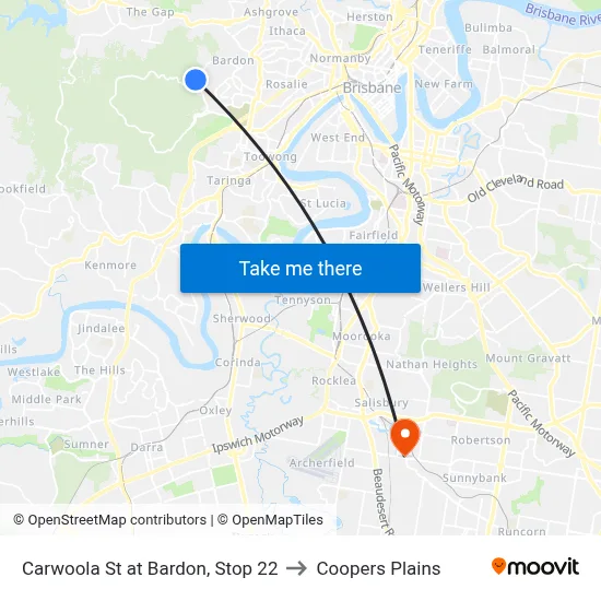 Carwoola St at Bardon, Stop 22 to Coopers Plains map