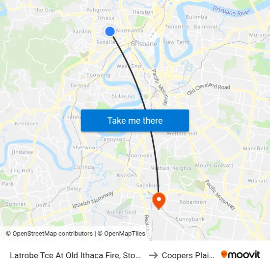 Latrobe Tce At Old Ithaca Fire, Stop 9 to Coopers Plains map