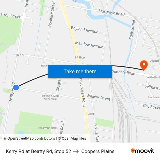Kerry Rd at Beatty Rd, Stop 52 to Coopers Plains map