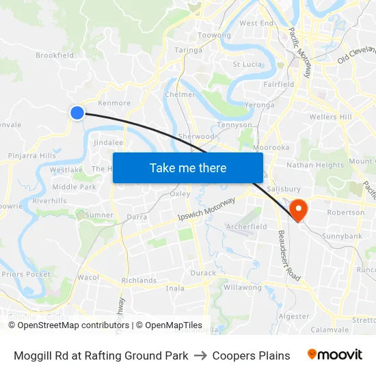 Moggill Rd at Rafting Ground Park to Coopers Plains map