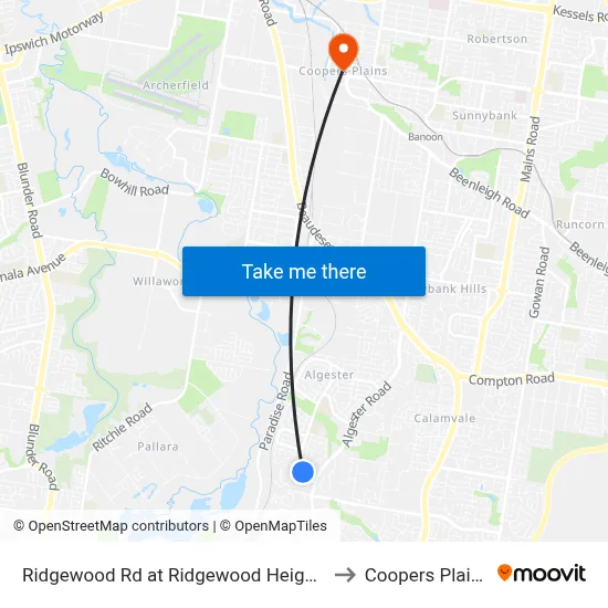 Ridgewood Rd at Ridgewood Heights to Coopers Plains map