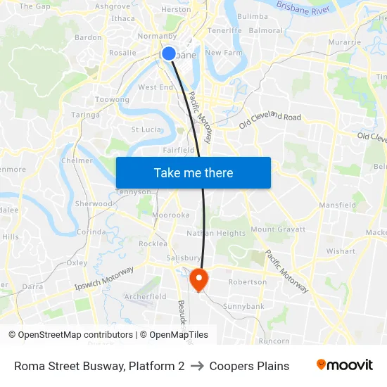 Roma Street Busway, Platform 2 to Coopers Plains map