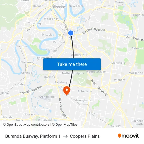 Buranda Busway, Platform 1 to Coopers Plains map