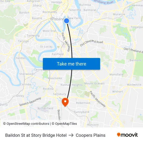 Baildon St at Story Bridge Hotel to Coopers Plains map