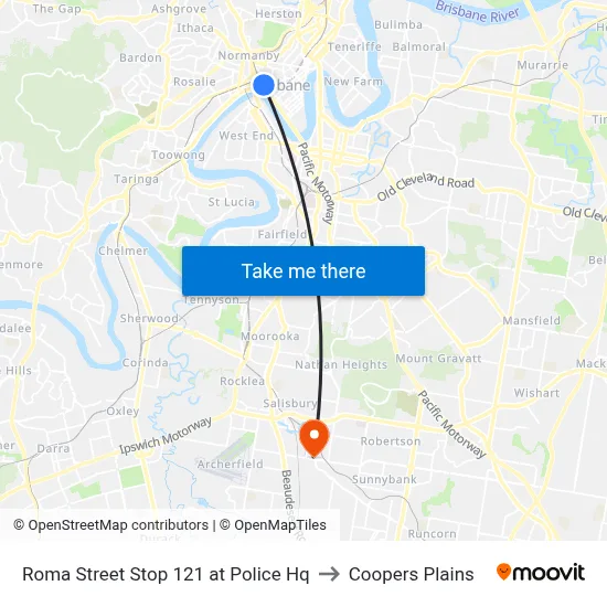 Roma Street Stop 121 at Police Hq to Coopers Plains map