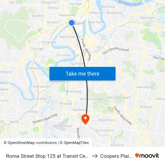 Roma Street Stop 125 at Transit Centre to Coopers Plains map