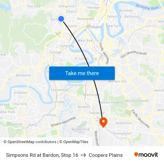 Simpsons Rd at Bardon, Stop 16 to Coopers Plains map