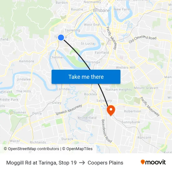 Moggill Rd at Taringa, Stop 19 to Coopers Plains map