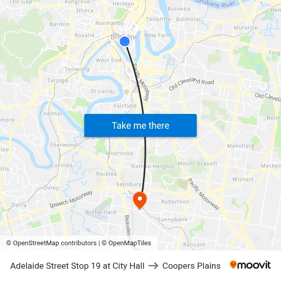 Adelaide Street Stop 19 at City Hall to Coopers Plains map