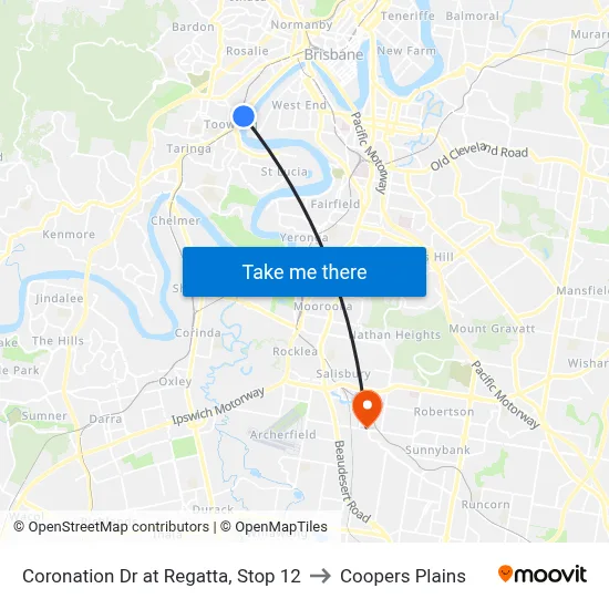 Coronation Dr at Regatta, Stop 12 to Coopers Plains map