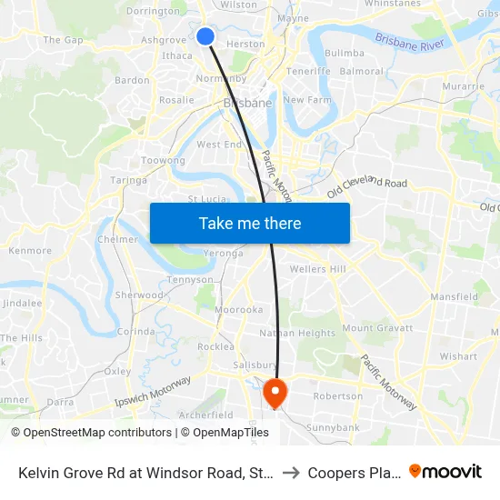 Kelvin Grove Rd at Windsor Road, Stop 16 to Coopers Plains map