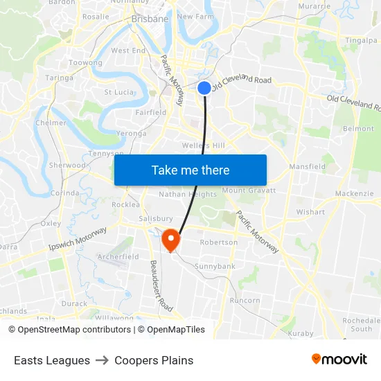 Easts Leagues to Coopers Plains map