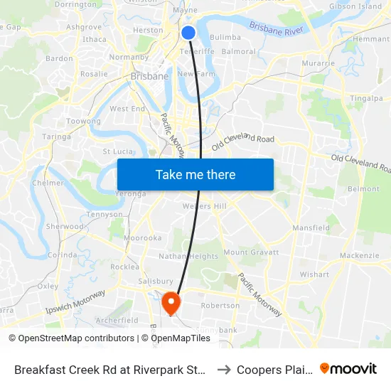 Breakfast Creek Rd at Riverpark Stop 9 to Coopers Plains map